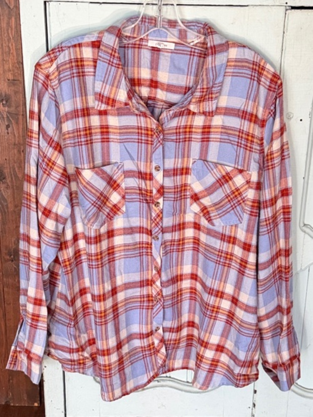 Maurices Baby Blue Rust and Orange Plaid Soft Brushed Flannel Button-Down Shirt